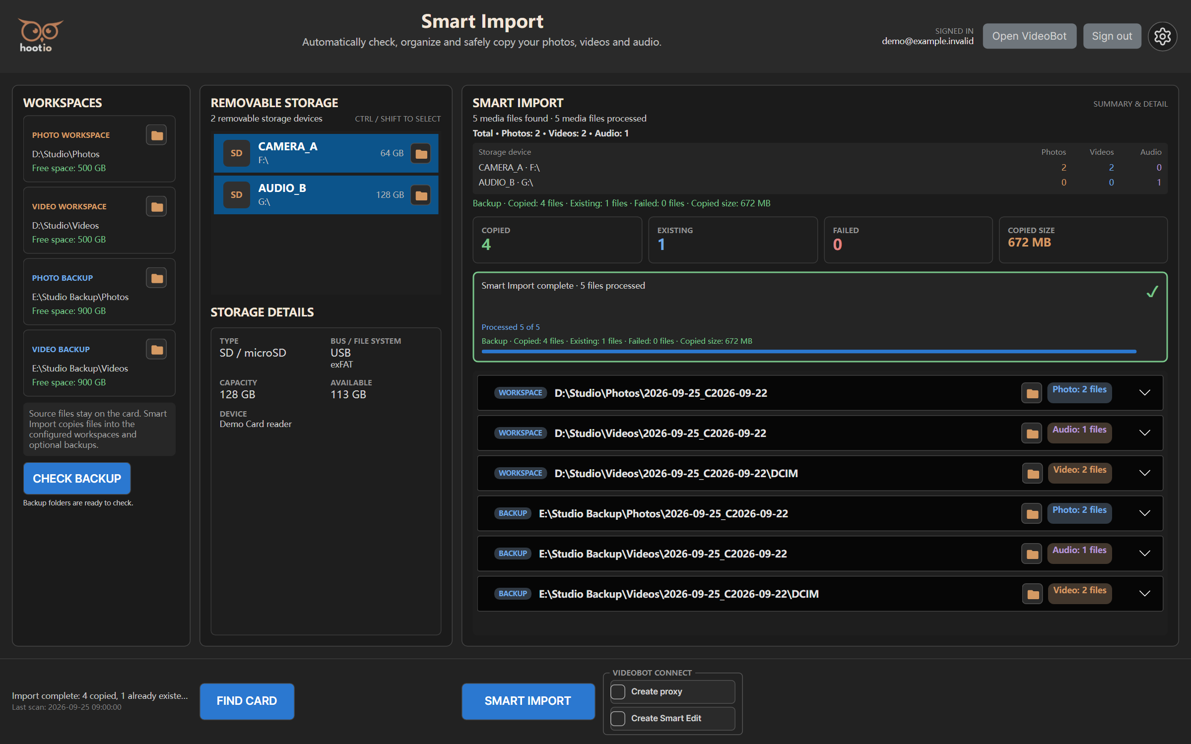 Example import results showing copied files, files marked as existing, and folders to open and review