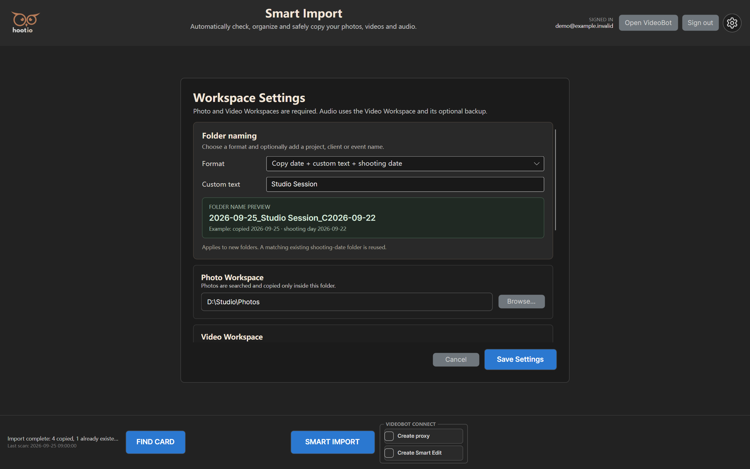 Settings showing Studio Session as an example shoot name and a preview of its folder name
