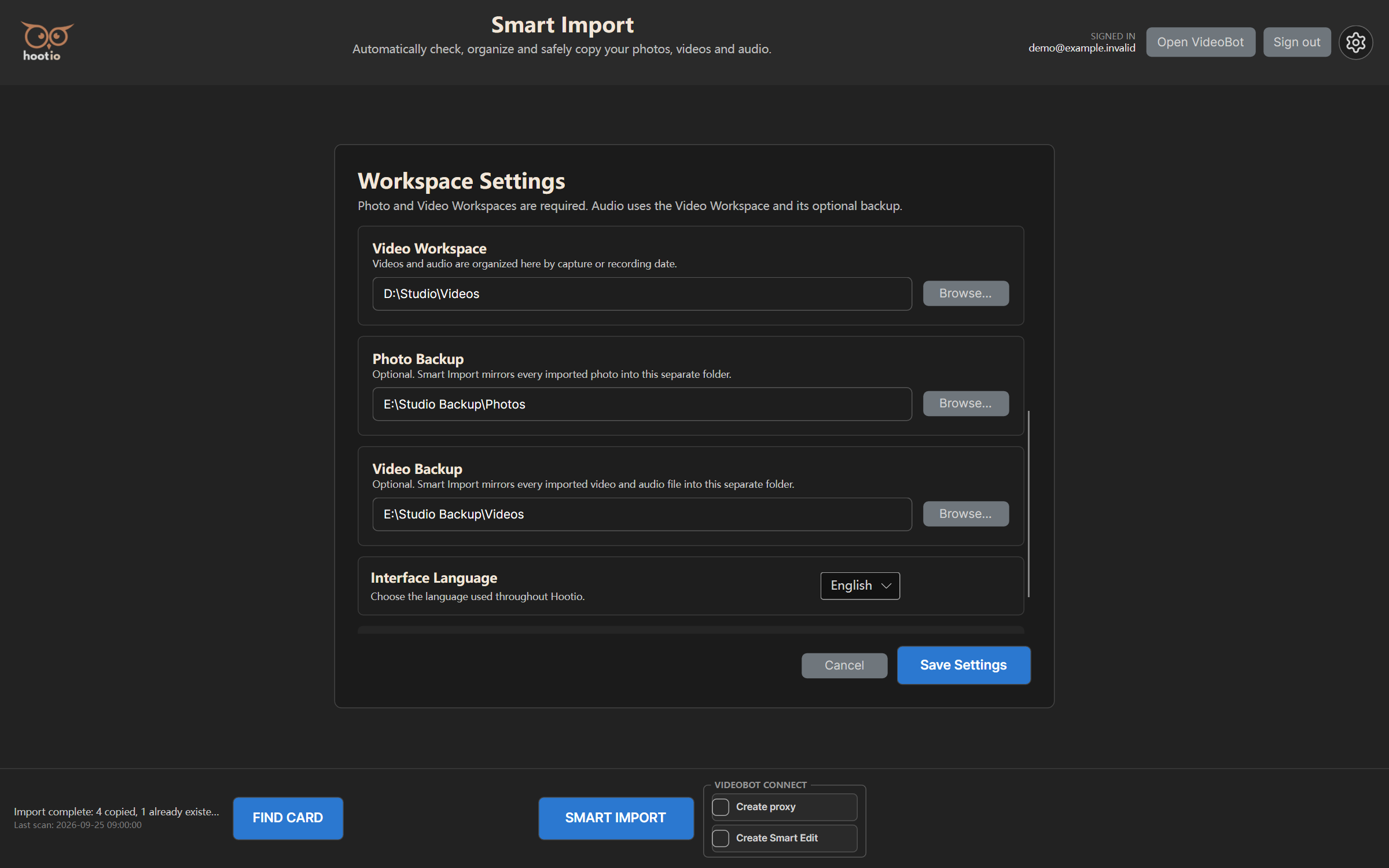 Smart Import settings with separate folders chosen for photo and video backups