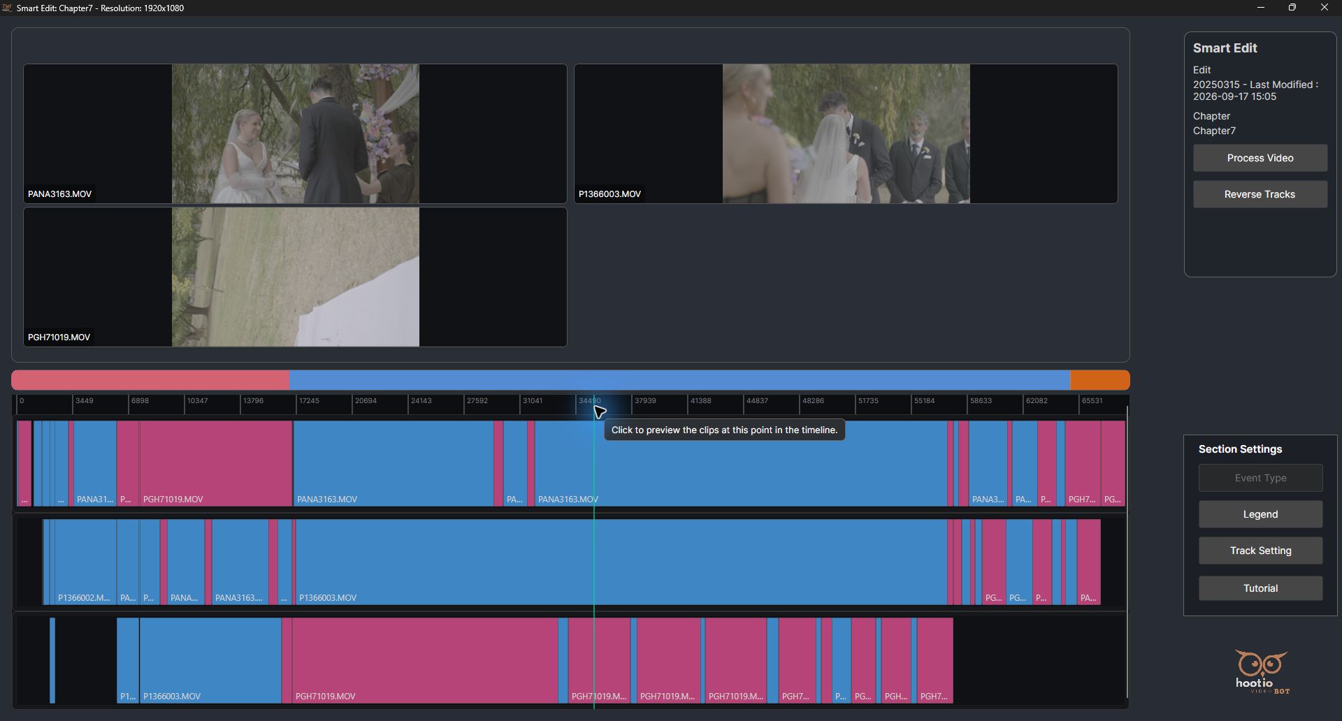 A real ceremony in Smart Edit with the bride, groom and another camera view shown together