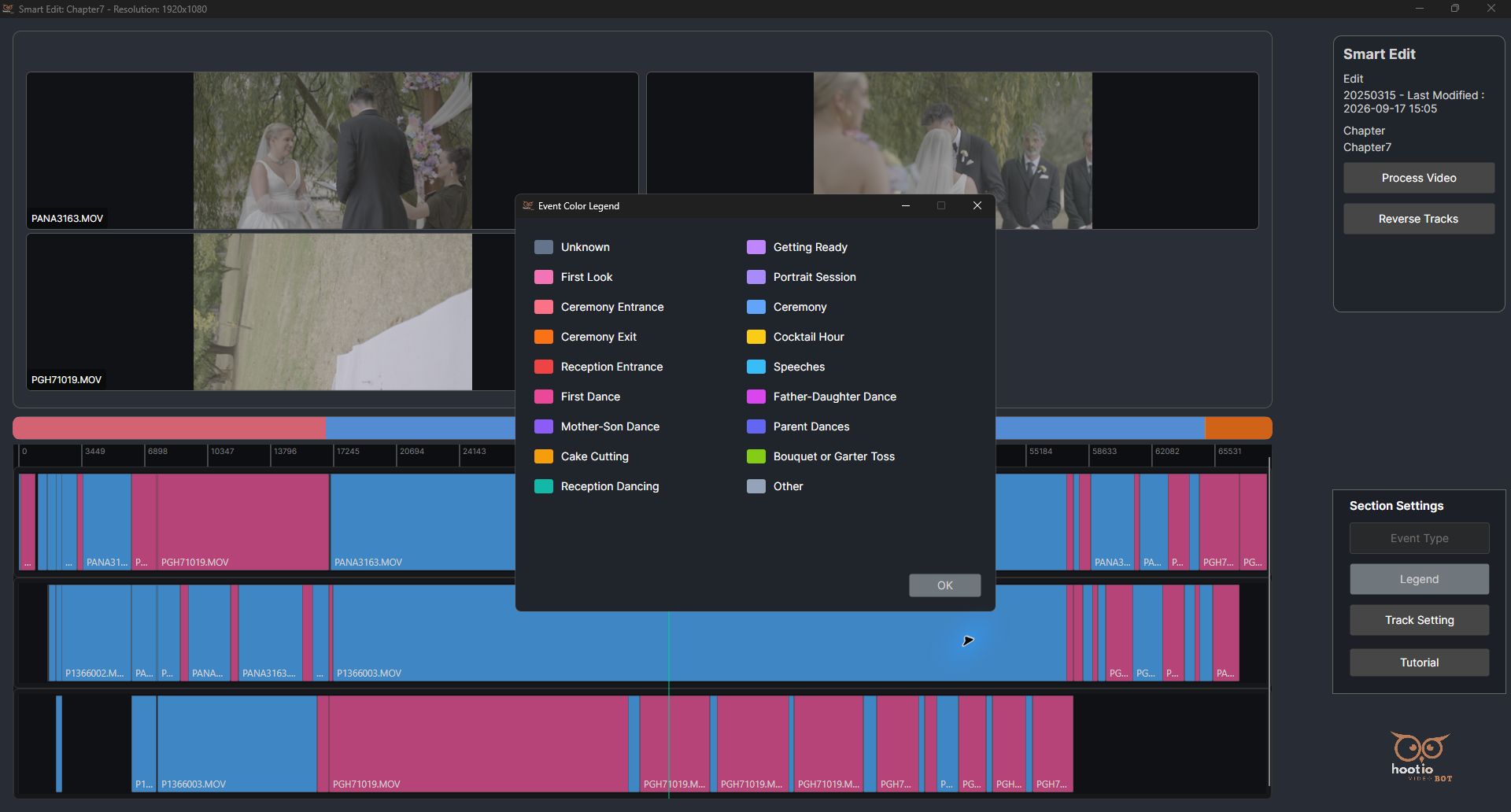 The entrance, ceremony and exit labelled as separate events in VideoBot