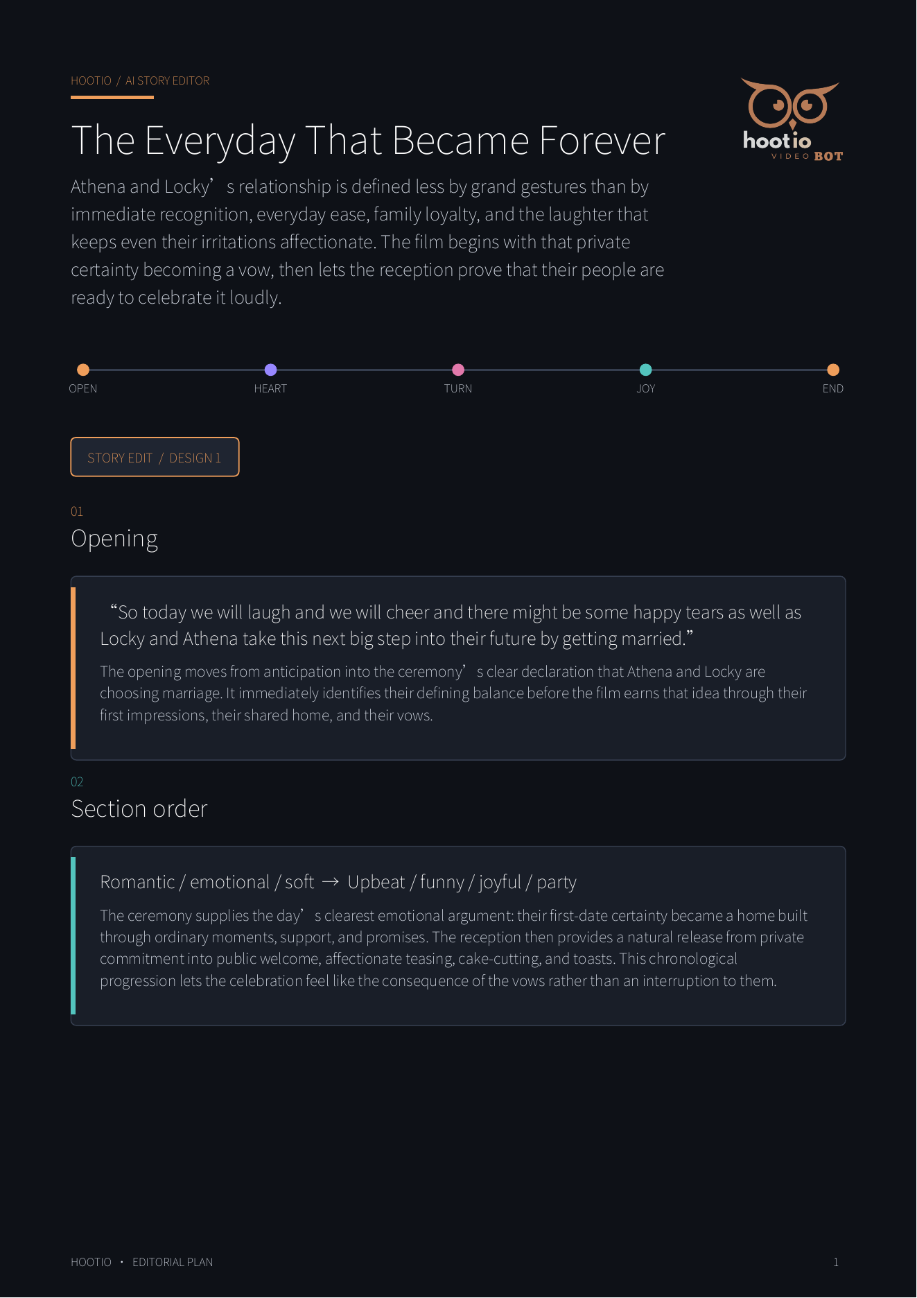 Story Edit editorial plan, page 1: The Everyday That Became Forever, with the opening and section order